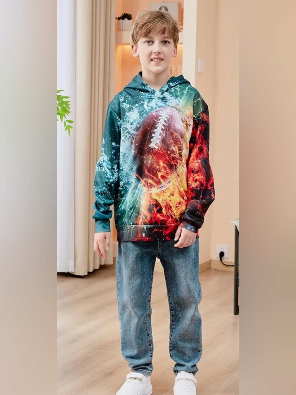 New-XL Boys Graphic Football Hoodie - Teal, Red & Black